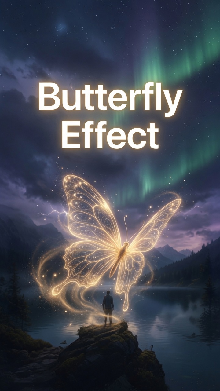 A figure standing before a glowing butterfly over a lake at night.